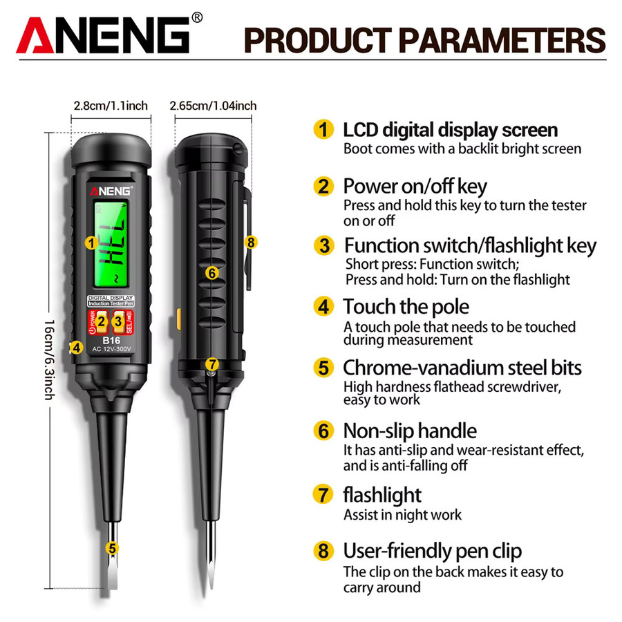 ANENG B16 Digitaltester für AC-Spannung 12V-300V, berührungsloser NCV-Spannungsdetektor mit Ton- und Lichtalarm, Schwarz - Bild 5