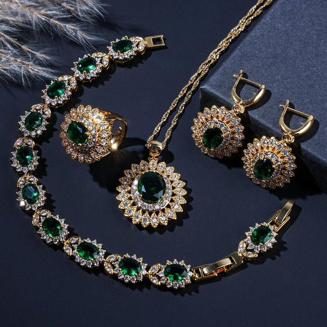 Schmuckset Damen, Blumenstil, Vergoldet, Messing, Grüne Zirkonia - Bild 1