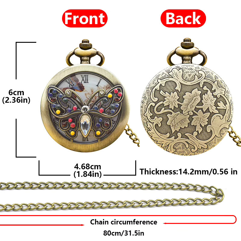 wecin Taschenuhr Halskette, Schmetterling, Quarz, Bronze, Unisex - Bild 2