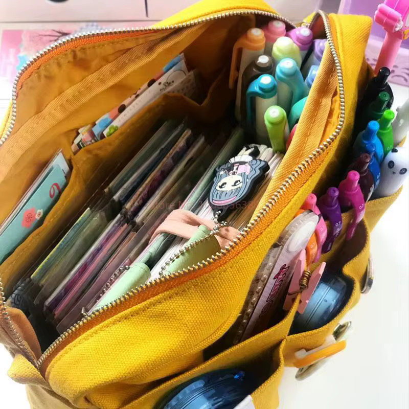 Gelbe Canvas Aufbewahrungstasche als mehrschichtiges Federmäppchen mit großem Fassungsvermögen für Schule und Freizeit - Bild 3