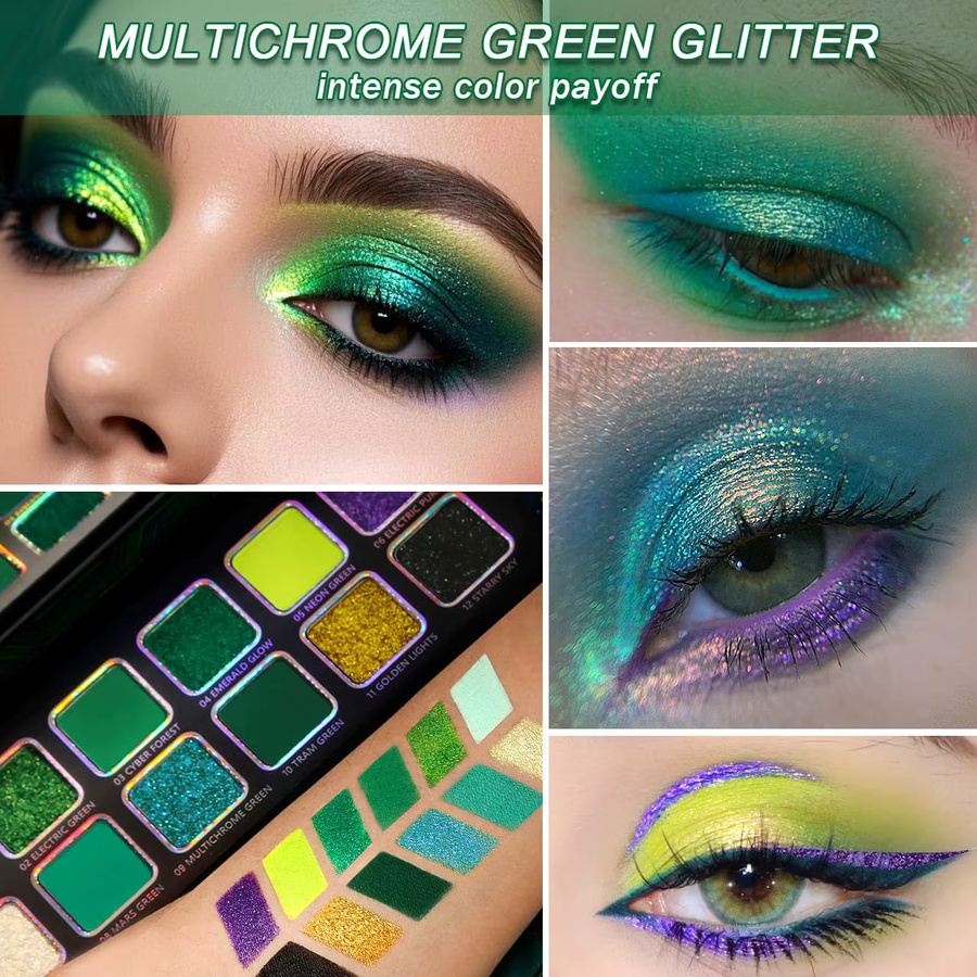 Afflano Lidschatten-Palette, 12 Farben, grün, matt, schimmernd, glitzernd - Bild 4