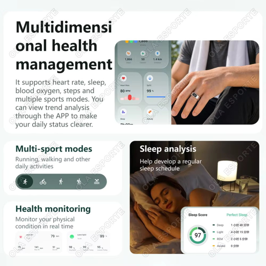Ola Esporte KI-Smartring in Silber mit Herzfrequenz-Gesundheitsüberwachung, Gestensteuerung und KI-Übersetzung, wasserdicht und unisex - Bild 3