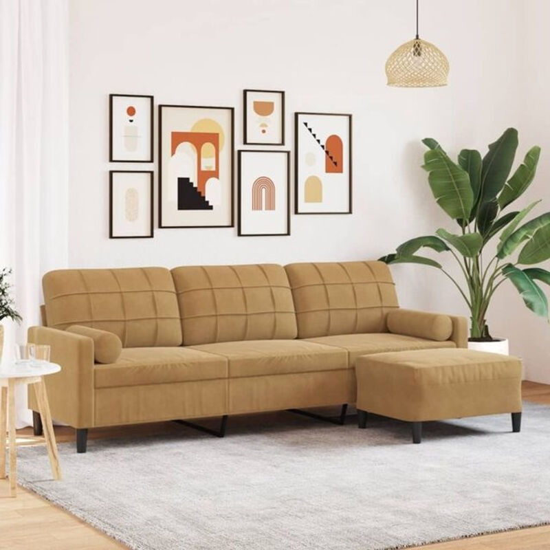 VIDAXL Modernes 3-Sitzer-Sofa mit Hocker aus Samt in Braun mit Breite: 210 cm - Bild 1