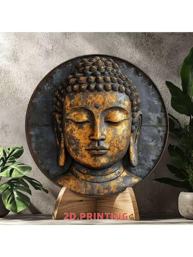 Hello Young Retro Buddha Wandkunst Gold Metallische Illustration Rund für Wohnzimmer und Büro - Bild 3