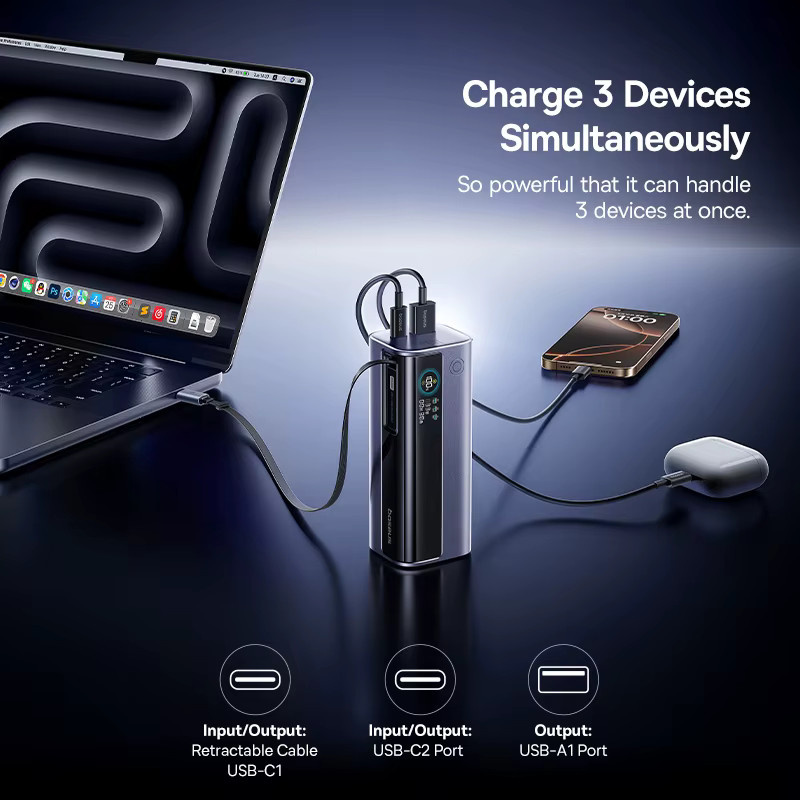 Baseus EnerGeek GR11 Powerbank 10000mAh mit 100W Schnellladung, integriertes USB-C-Kabel, PD & QC, USB-A und USB-C Anschlüsse, Grau - Bild 4