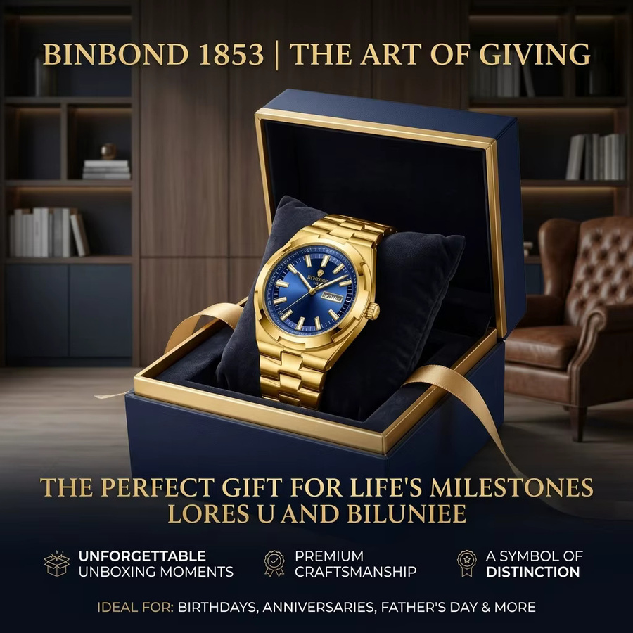 BINBOND Armbanduhr, Quarz, Edelstahl, Gold, blaues Zifferblatt, Herren - Bild 2