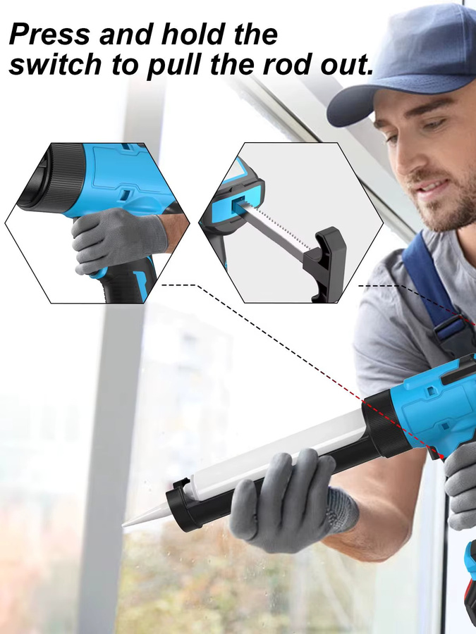 WUIETI Akku-Fugenpistole in Blau mit Digitalanzeige, LED-Licht und 6-Gang-Einstellung für 300-ml-Tintenpatronen - Bild 8
