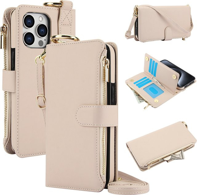 NMEGOU Flip-Telefonhülle mit Reißverschluss und Kartensteckplätzen für iPhone, erhältlich in Braun und Beige - Bild 1