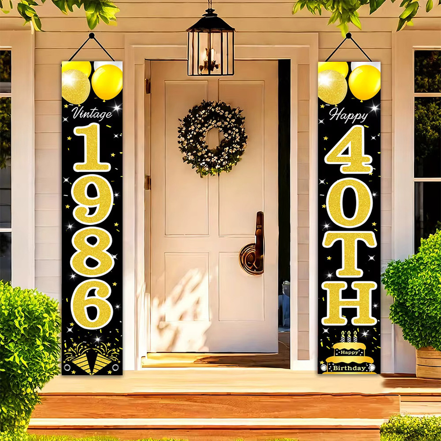 OURFETE Türbanner zum 40. Geburtstag in Schwarz und Gold, Vintage 1986 Dekoration mit Luftballons und Kuchen, Rechteckig, Höhe: 180 cm, Breite: 30 cm - Bild 3