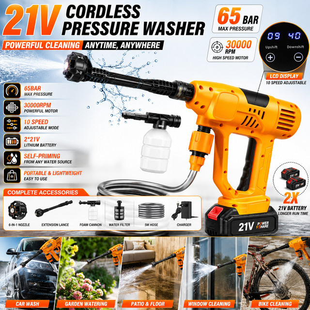 Avehrit Kabelloser Hochdruckreiniger 21V mit LCD-Display und 10-stufiger Leistungseinstellung, kompatibel mit Makita-Akkus, 65 Bar für Auto, Garten und Terrasse - Bild 1