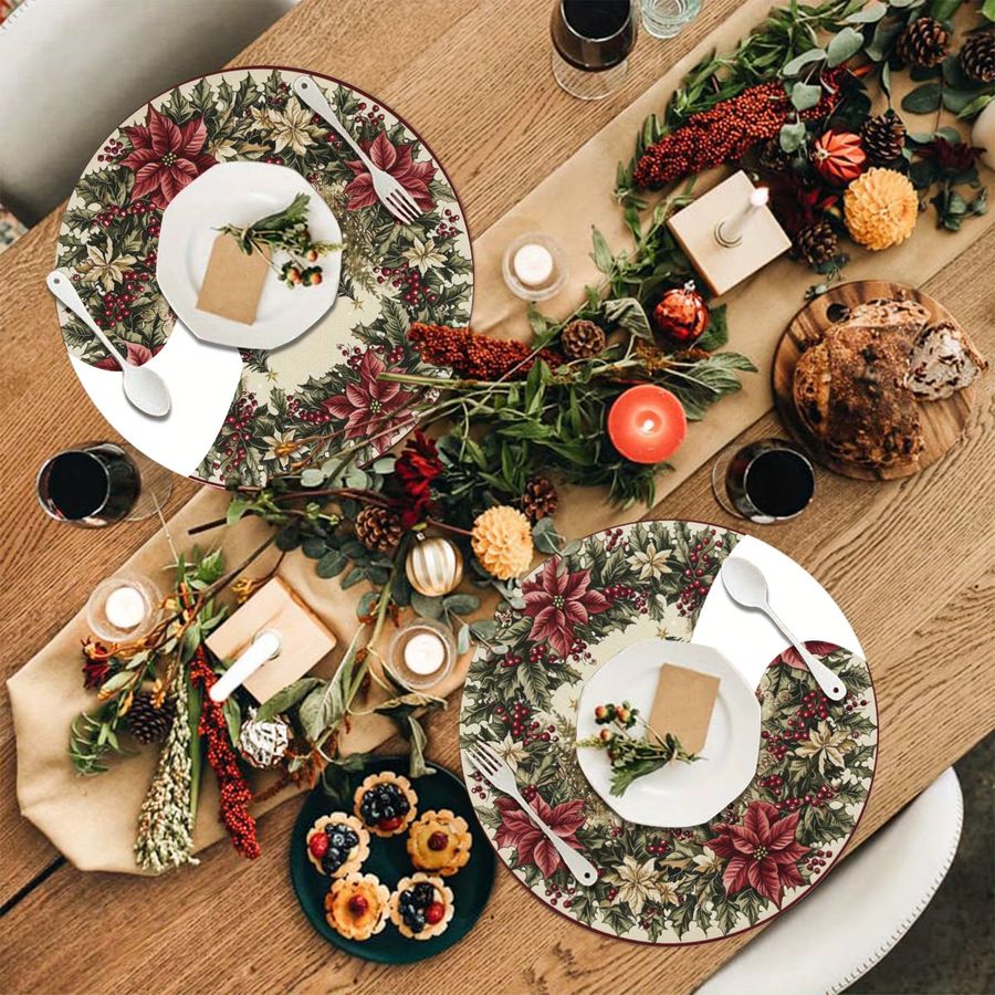 VIKAMA 4er Set Weihnachtliche Platzsets mit Holly Berry und Kiefernwald Design für die Tischdekoration - Bild 3