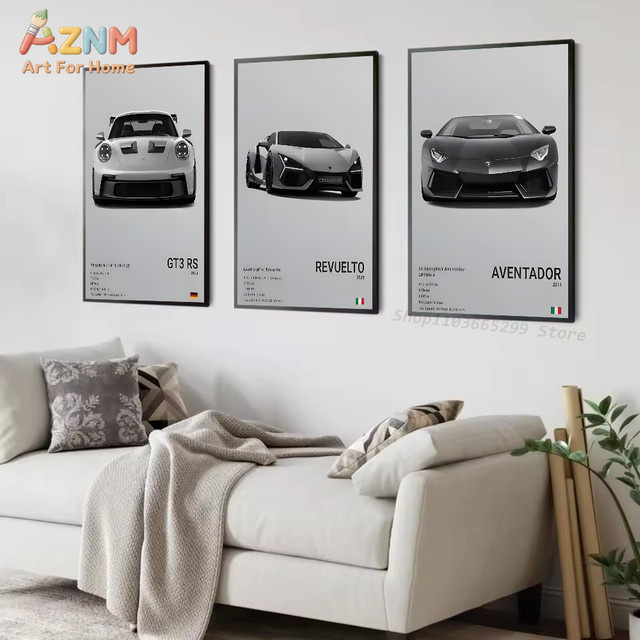 AZNM Leinwand-Wandkunst Supercar Poster mit Porsche GT3 RS und Lamborghini Revuelto Aventador ungerahmt - Bild 1