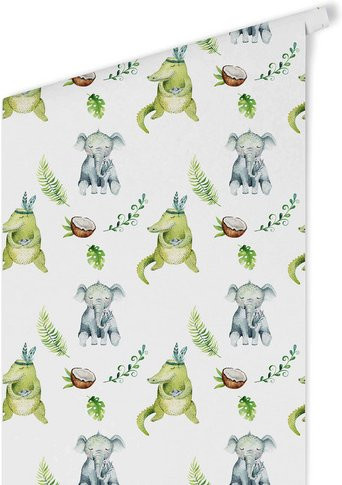 K&L Wall Art Vliestapete Kinder Safari Krokodil Elefant, mehrfarbig, matt - Bild 1