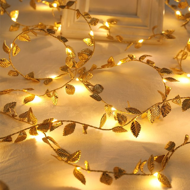 Goldene Blätter Lichterkette mit künstlicher Pflanzen-Girlande in Warmweiß für Hochzeit, Party und Garten Dekoration - Bild 1