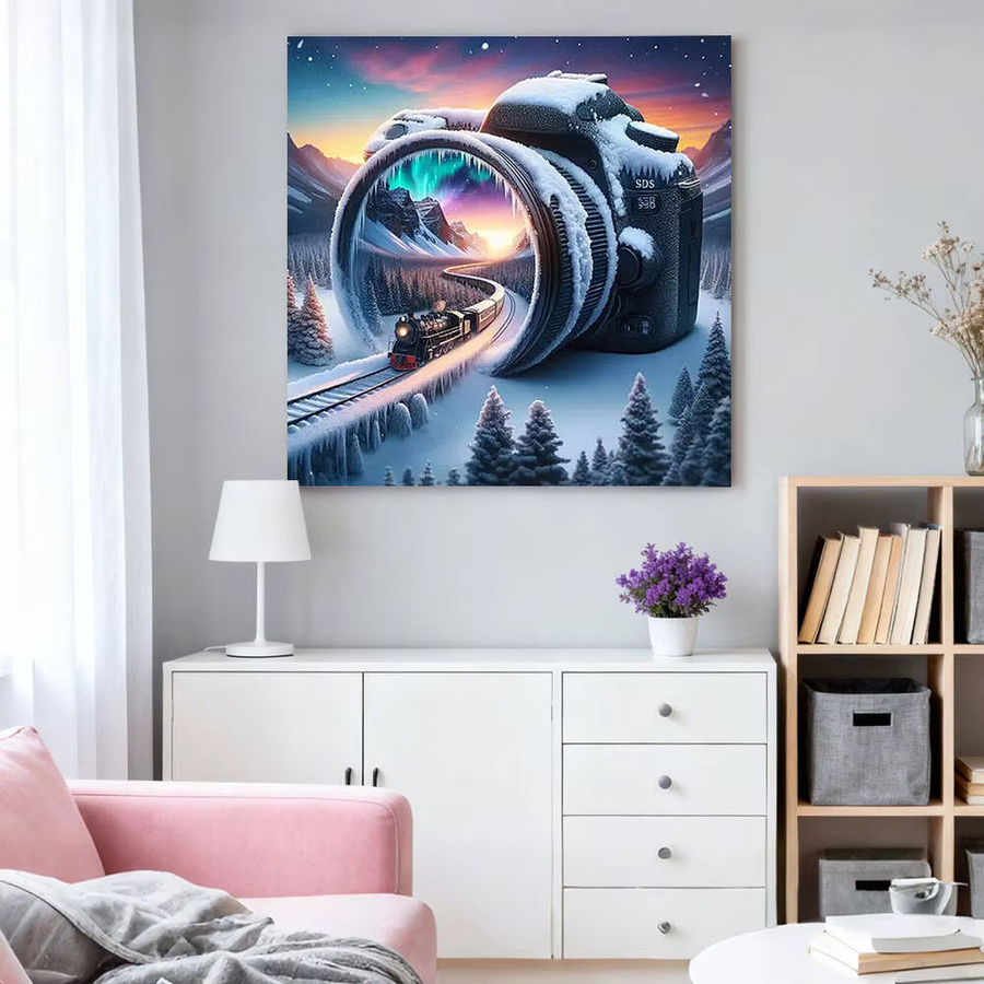 HUACAN 5D Diamantmalerei Winter Landschaft mit Zug als runde Wanddekoration im Mosaik-Stil, Mehrfarbig - Bild 3