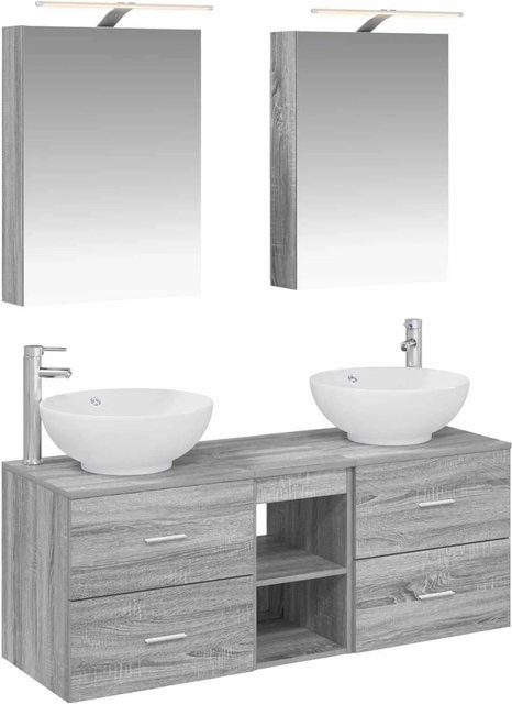 vidaXL Badezimmermöbel-Set 5-teilig in Grau, modern gestaltet aus Holz und Glas mit LED-Beleuchtung, Spiegelschrank, Wandschrank und Waschtischunterschrank - Bild 1