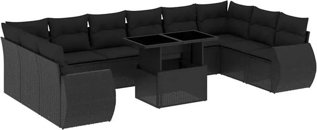 vidaXL 11-tlg. Garten-Sofagarnitur in U-Form aus schwarzem Poly-Rattan mit Kissen und pulverbeschichtetem Stahlgestell - Bild 1
