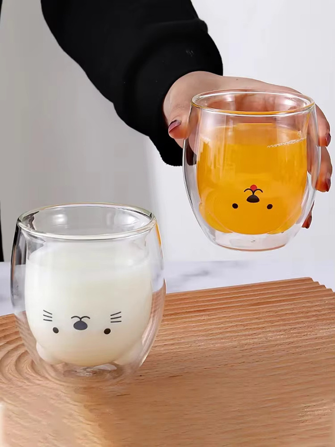 Venlohome Doppelwandiger Glasbecher Transparent mit Bär- und Katzen-Design für Kaffee, Milch oder Saft - Bild 6