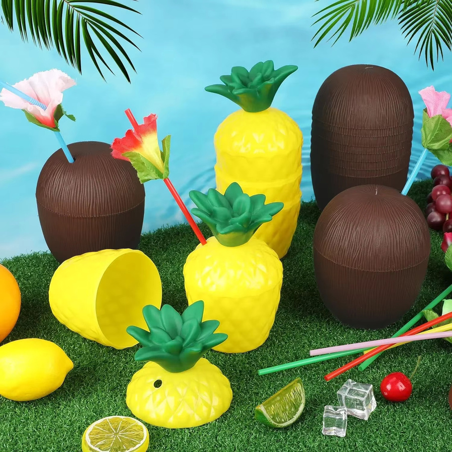 12 Stück tropische Ananas und Kokosnuss Becher aus Kunststoff für deine Hawaii Party und Luau Dekoration, B/T/H: 9,0 x 13,5 x 12,0 cm - Bild 2