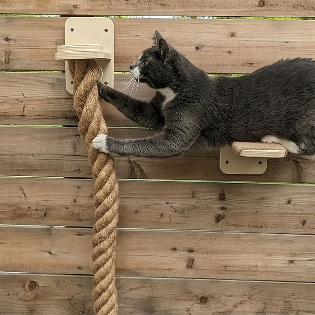 2-teiliges Katzen-Kletterseil- und Regal-Set aus Holz in Beige zur Wandmontage als interaktives Klettergymnastik-Set für deine Katze - Bild 1