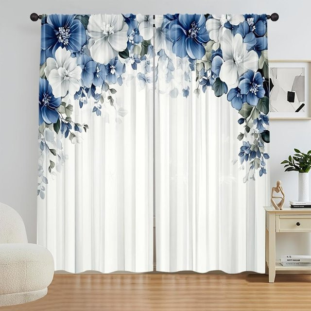 Lampayan Vorhang-Set mit floralem Design in Blau und Weiß aus Polyester, 2 Stück, Breite: 100 cm, Höhe: 70 cm - Bild 1