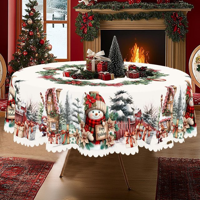 JINGYUE Pet Weihnachts-Tischdecke im Vintage-Bauernhaus-Stil mit Weihnachtsmann, Rentier und Weihnachtsbaum, weiß, Durchmesser: 180 cm - Bild 1