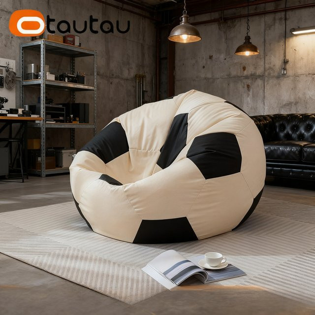 OTAUTAU Fußball-Sitzsackbezug aus Kunstleder für Kinder und Erwachsene in Beige und Schwarz - Bild 1