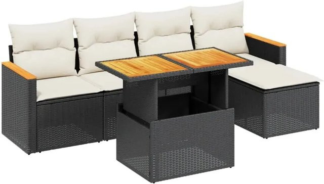 vidaXL 6-teilige Garten-Sofagarnitur aus Poly-Rattan und Akazienholz in Schwarz mit UV-beständigen Kissen - Bild 1