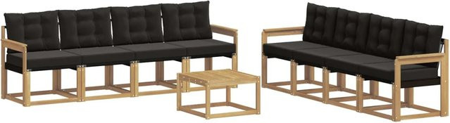 vidaXL Outdoor-Sofagarnitur 9-tlg. in L-Form mit Kissen und Couchtisch aus Akazienholz in Weiß und Schwarz - Bild 1