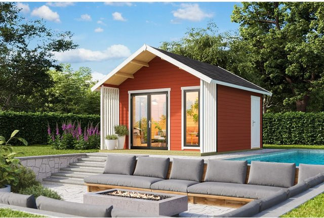 Lasita Blockbohlenhaus Murano Gartenhaus mit Satteldach in Schwedenrot, B/H/T: 448,5 x 330,6 x 520 cm - Bild 1