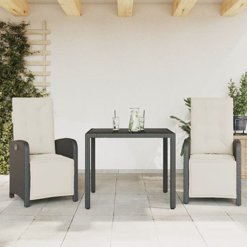 Vidaxl 3-teiliges Bistro-Möbelset aus Polyrattan mit Kissen und Glas, Schwarz - Bild 1