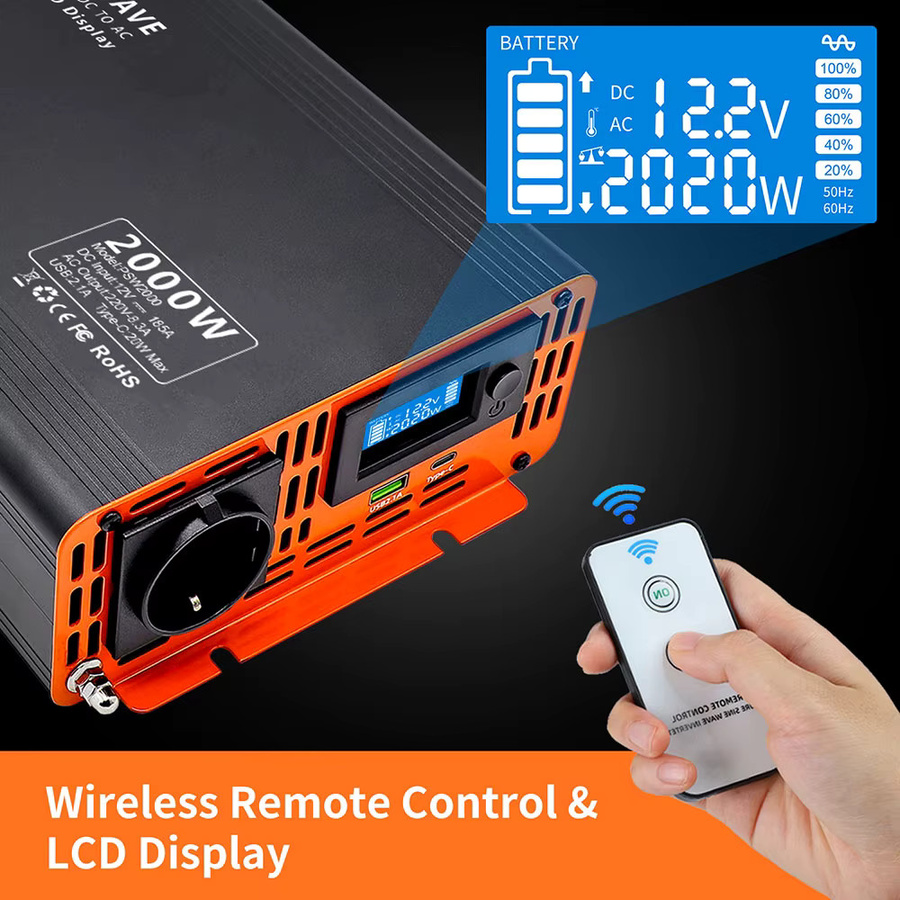 DATOUBOSS Wechselrichter 2000W Reiner Sinus DC 12V/24V/36V auf AC 220V Stromwandler mit USB Typ C und LCD in Schwarz - Bild 2