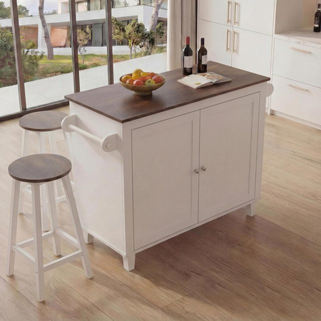 Kücheninsel MCW-P61 mit 2 Sitzhockern und Staufächern in Landhausstil, Weiß und Dunkelbraun, B/T/H: 120 x 90 x 45 cm