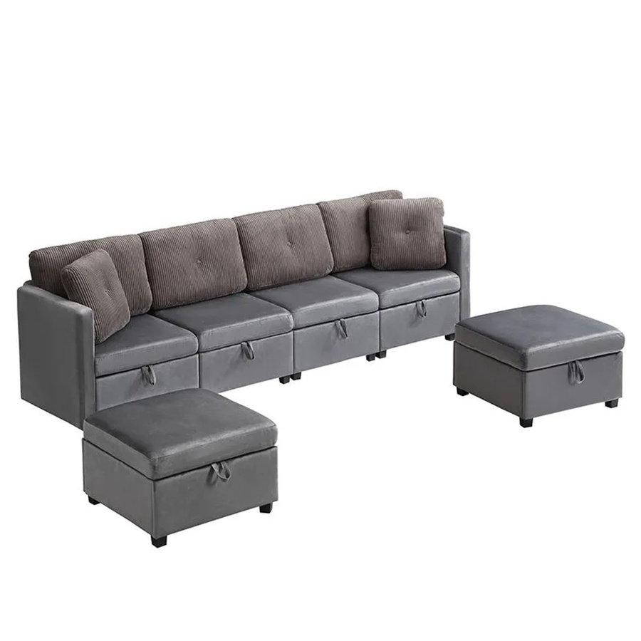 Merax Modular Ecksofa in U-Form mit 6 Modulen aus Samt und Cord in Grau inklusive Ottoman und Kissen - Bild 2