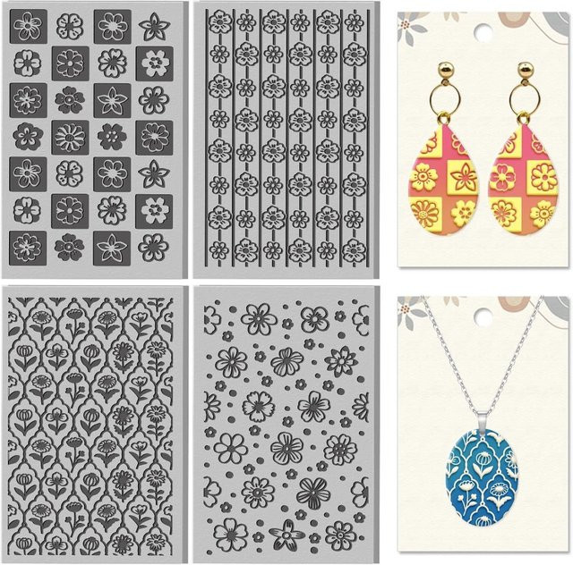 4er-Set Blumengitter-Elemente mit Ton-Textur und Blumenmuster in Grau für deine DIY-Keramik-Ohrringe aus Kunststoff - Bild 1