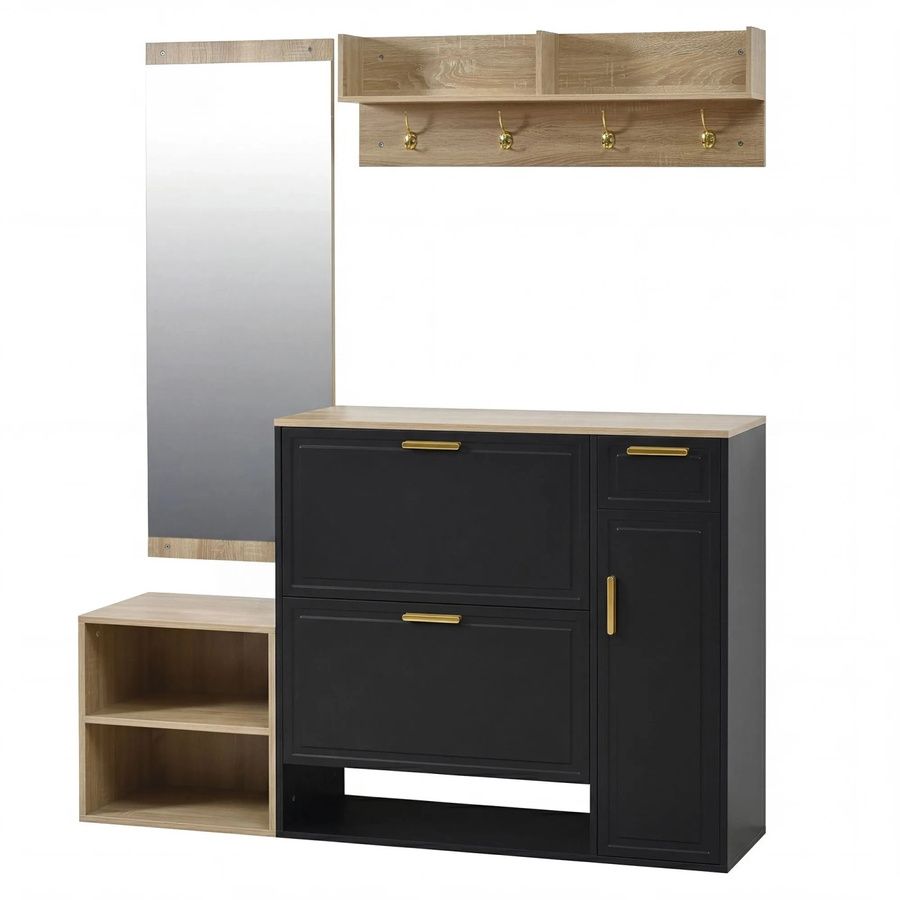 okwish Garderoben Set mit Schuhschrank Sitzbank und Spiegel in Schwarz, B/T/H: 139,5 x 35,0 x 166,0 cm - Bild 2