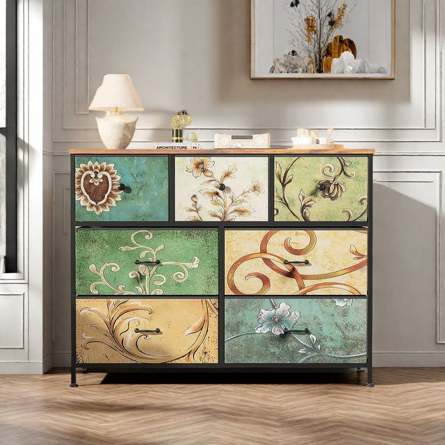 Rosahqnda Boho Kommode mit Schubladen aus Holz und Metall mit floralem Design - Bild 1