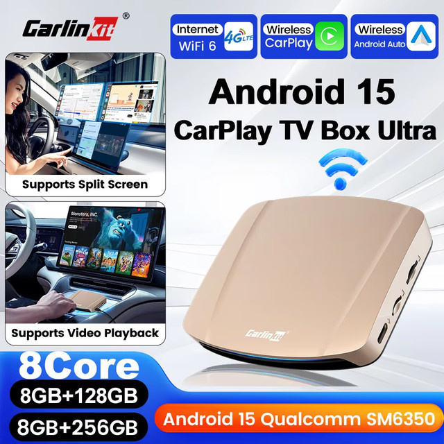 CarlinKit CarPlay AI Box Android 15 Ultra mit 8GB RAM und 128GB Speicher, kabelloser Android Auto Adapter mit WiFi6 und SM6350 Chip, Gold - Bild 1