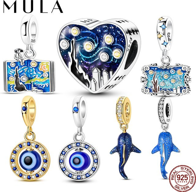 MULA Charm-Anhänger 925 Silber, Wal, Van Gogh Sternenmondnacht, Damen - Bild 1