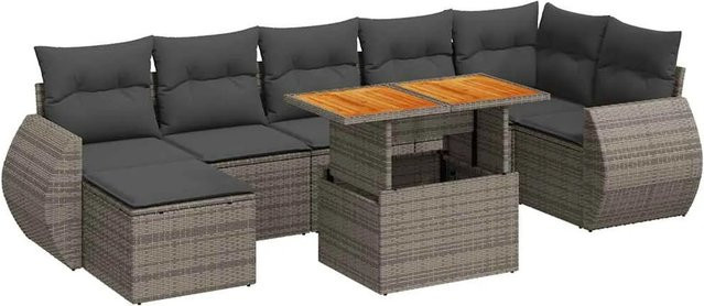vidaXL 8-tlg. Garten-Sofagarnitur in L-Form aus grauem Poly-Rattan mit Kissen und Akazienholz - Bild 1
