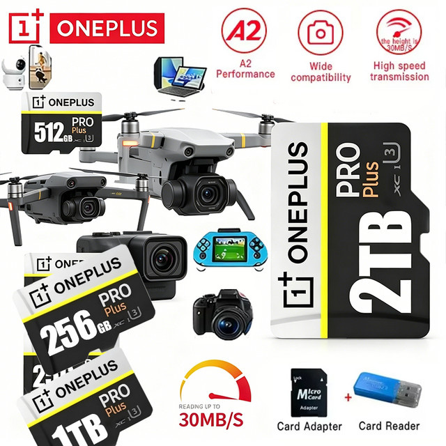 OnePlus Hochgeschwindigkeits-SD-Karte V30 A2 2TB in Schwarz mit Micro TF SD Adapter für Kamera, iPhone und Drohne - Bild 1