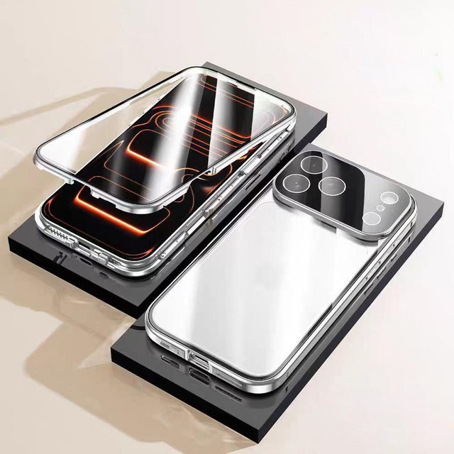 Magnetische 360° Vollschutz Handyhülle aus Metall und gehärtetem Glas für Apple iPhone 15 Pro, transparent - Bild 1
