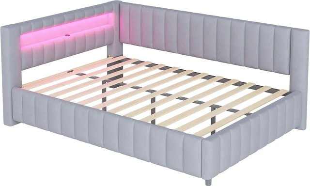 Merax Schlafsofa aus Samt in Grau mit LED-Unterbettbeleuchtung und USB-Anschluss, B/T/H: 140 x 200 x 82 cm - Bild 1