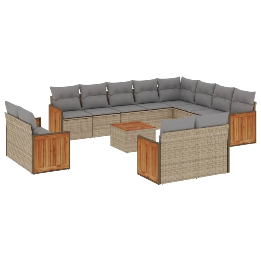 vidaXL 13-teilige Garten-Sofagarnitur aus Polyrattan und Akazienholz mit Kissen in Beige und Grau - Bild 2
