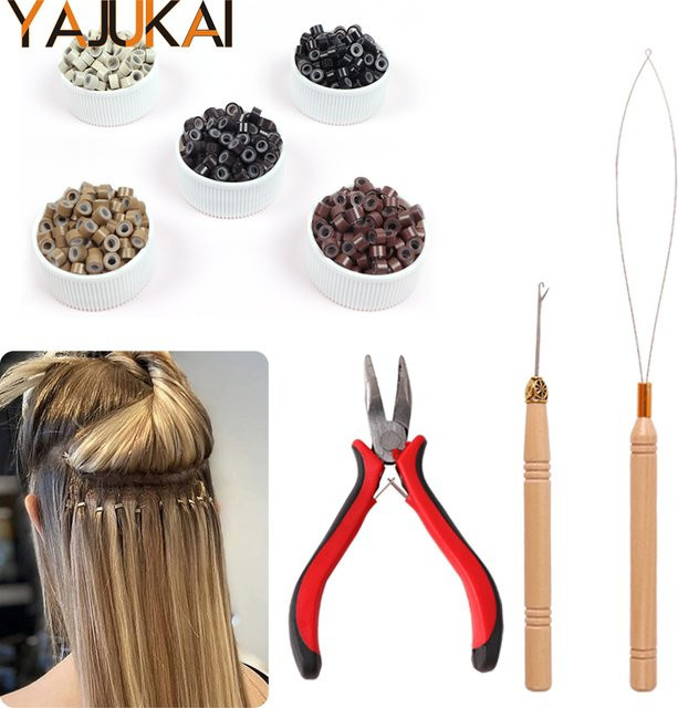 Yajukai Installationsset für Haarverlängerungen, 100 Stück, Nano-Ringe, Zange, Häkelschlösser, Nadel, Haarringe, Einfädler - Bild 1