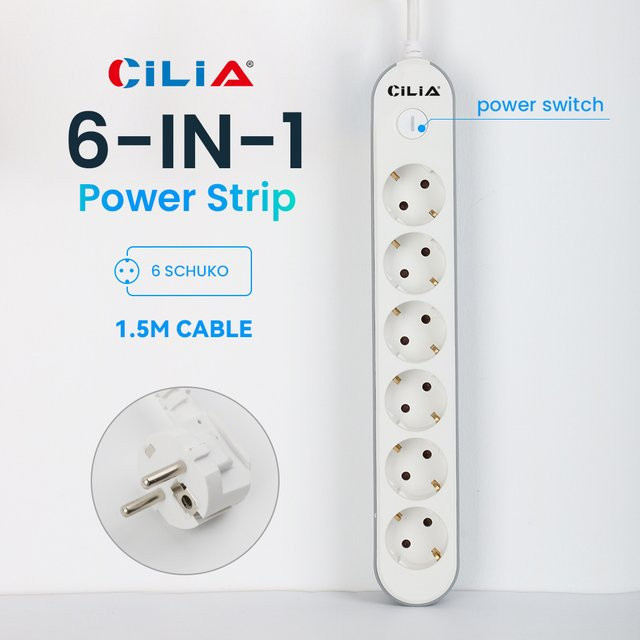 CILIA Mehrfachsteckdose mit Verlängerungskabel als EU Rundstift-Netzsteckdose in Weiß, 2500W - Bild 1