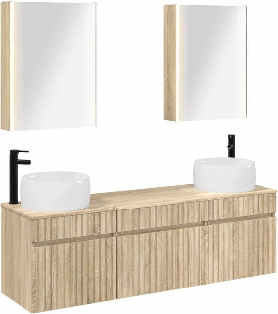 vidaXL Badezimmerschrank-Set 5-teilig Sonoma-Eiche, Wandmontage mit LED-Beleuchtung und Spiegelschrank, B/T/H: 53 x 15,5 x 70 cm - Bild 1