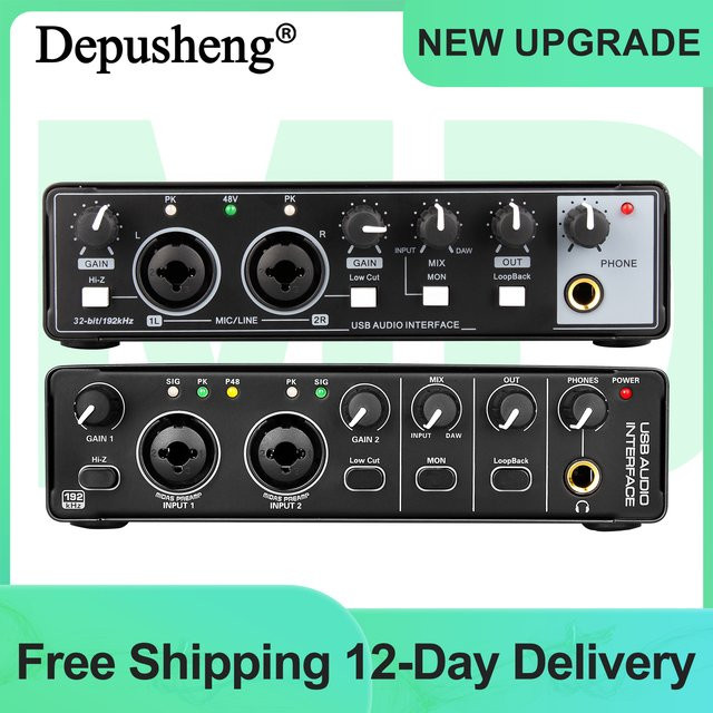 Depusheng MD32 Audio-Interface USB-C Professionelle Soundkarte in Schwarz für E-Gitarre, Live-Aufnahme und Studio-Gesang mit Monitoring - Bild 1
