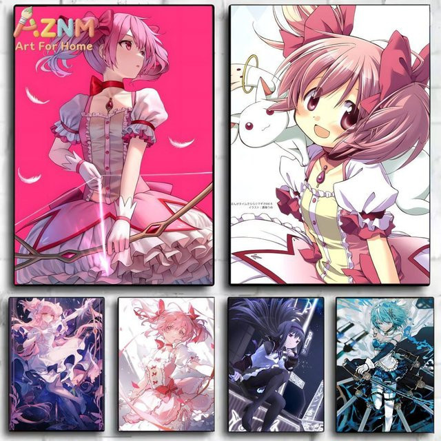 AZNM Puella Magi Madoka Magica Anime Leinwand-Wanddruck mit Madoka, Homura und Sayaka, ungerahmte Illustration in Mehrfarben - Bild 1