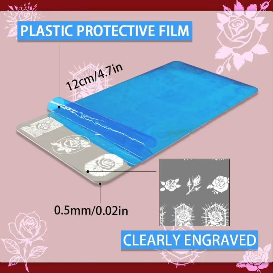 3er-Set Nagelstempel-Platten aus Edelstahl mit Rosenblüten- und Rissmustern in Silber - Bild 2